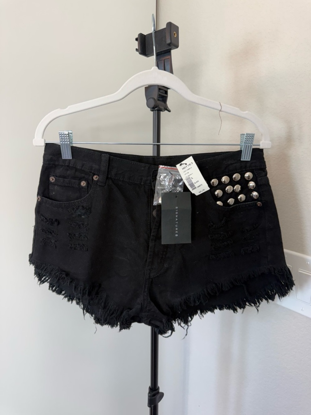 Black Studded Distressed Jean Shorts